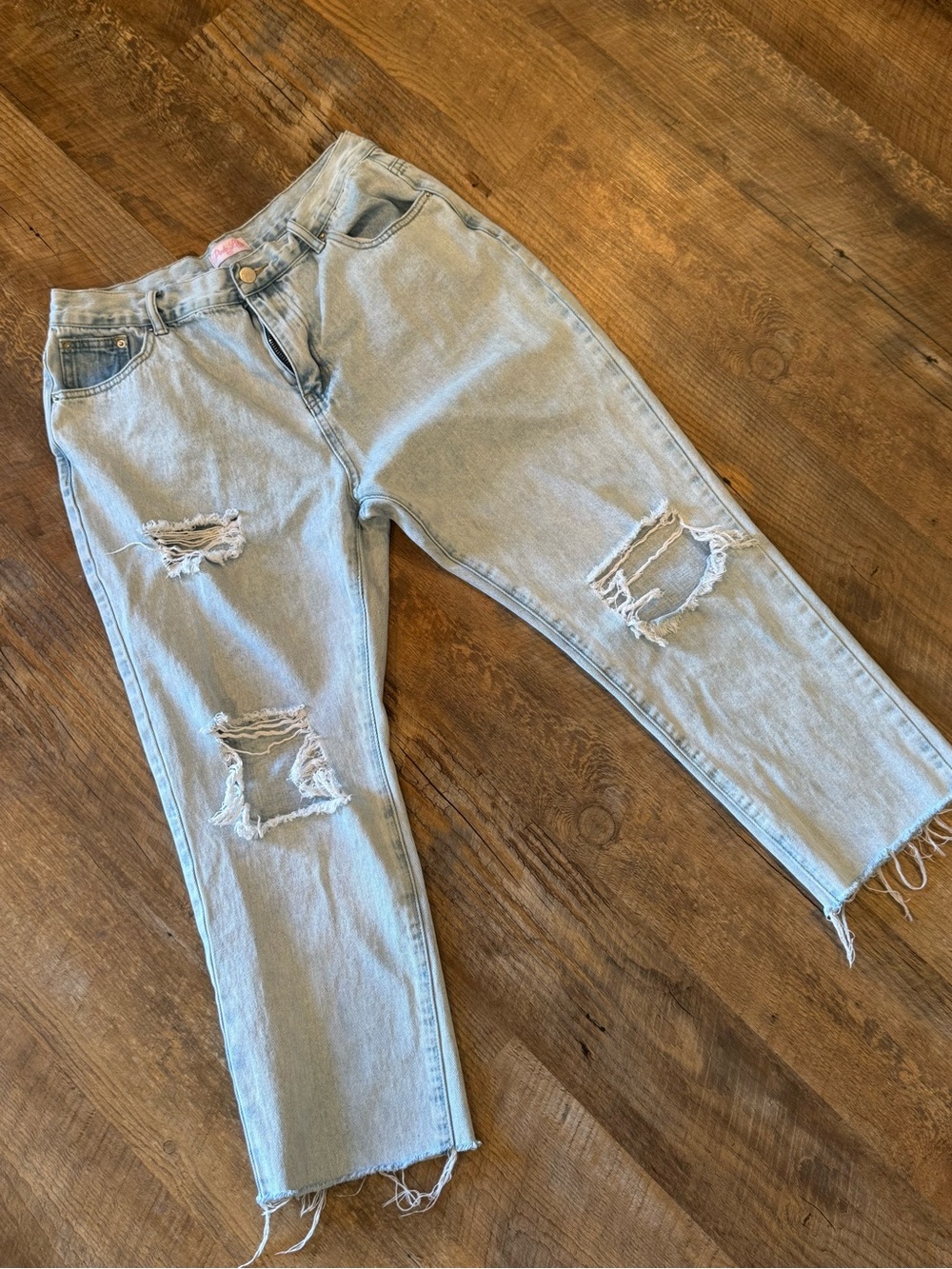 Pink Lily Distressed Frayed Hem Straight Jeans Size 30 Light Wash 22IFPL06#
